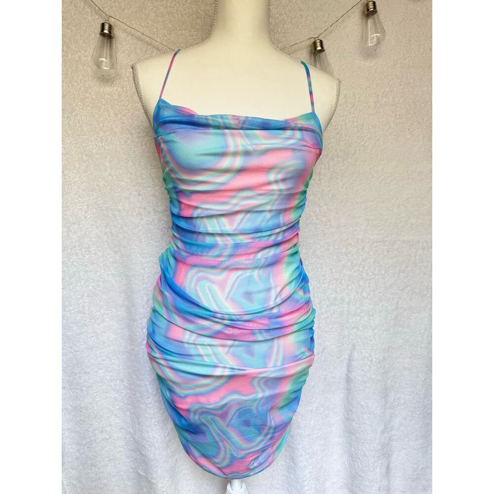Blanc Clothing Pastel Colorful Cowl Neck Cross Back Mini Bodycon Dress Medium